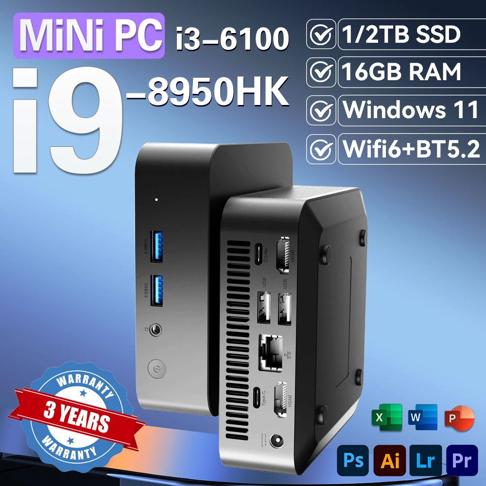 【3년 보증】Windows 11 Intel Core i9-8950HK/i3-6100U 16GB RAM 1/2TB SSD 게이머용 듀얼 WIFI 6 BT5.2 4K HD 미니 게이밍 PC