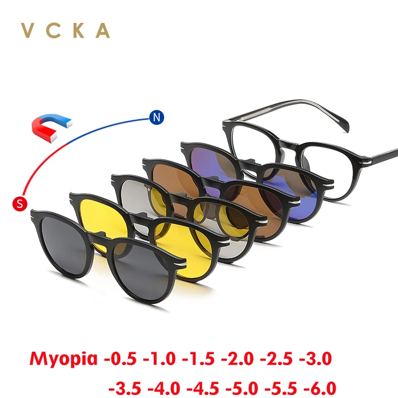 

VCKA 6 In 1 Round Myopia Sunglasses Magnetic Clips Eyewear Men Women Polarized Custom Optical Prescription Glasses -0.5 TO -10