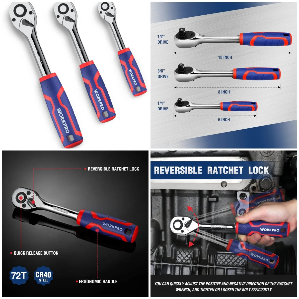 

3-Piece Ratchet Set, 1/4', 3/8', 1/2' Drive Ratchet Wrench, Quick-Release Reversible, 72-Tooth, Chrome Alloy Made