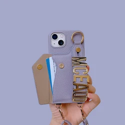 Luxury Custom Name Metal Letters Lanyard Leather Phone Case For iPhone 15 11 12 13 14Pro Max Phone Holder Personalized Cover