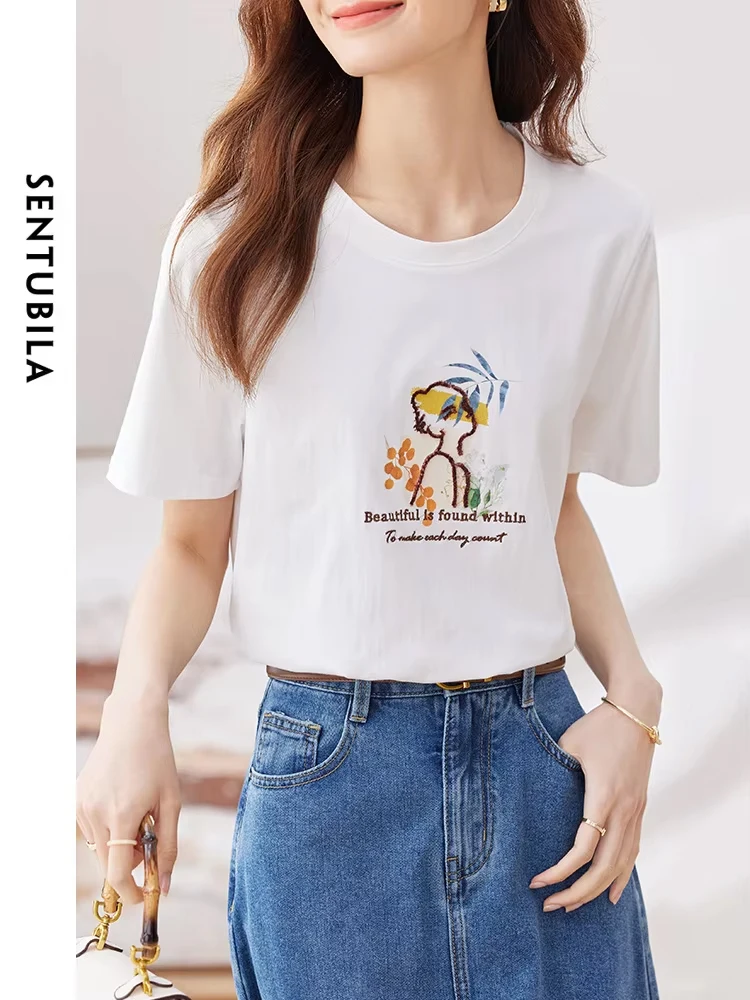 

SENTUBILA Women's 100% Cotton T-Shirt 2024 Summer New Letter Print Round Neck Short Sleeve Classic Cute Tee Top Female 132T49657