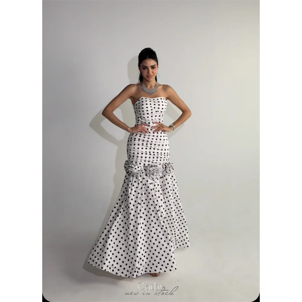 

Cathy Customized White Wave Point 3D Flower Prom Dresses Strapless Sleeveless vestidos de noiva Draped Mermaid Evening Dress