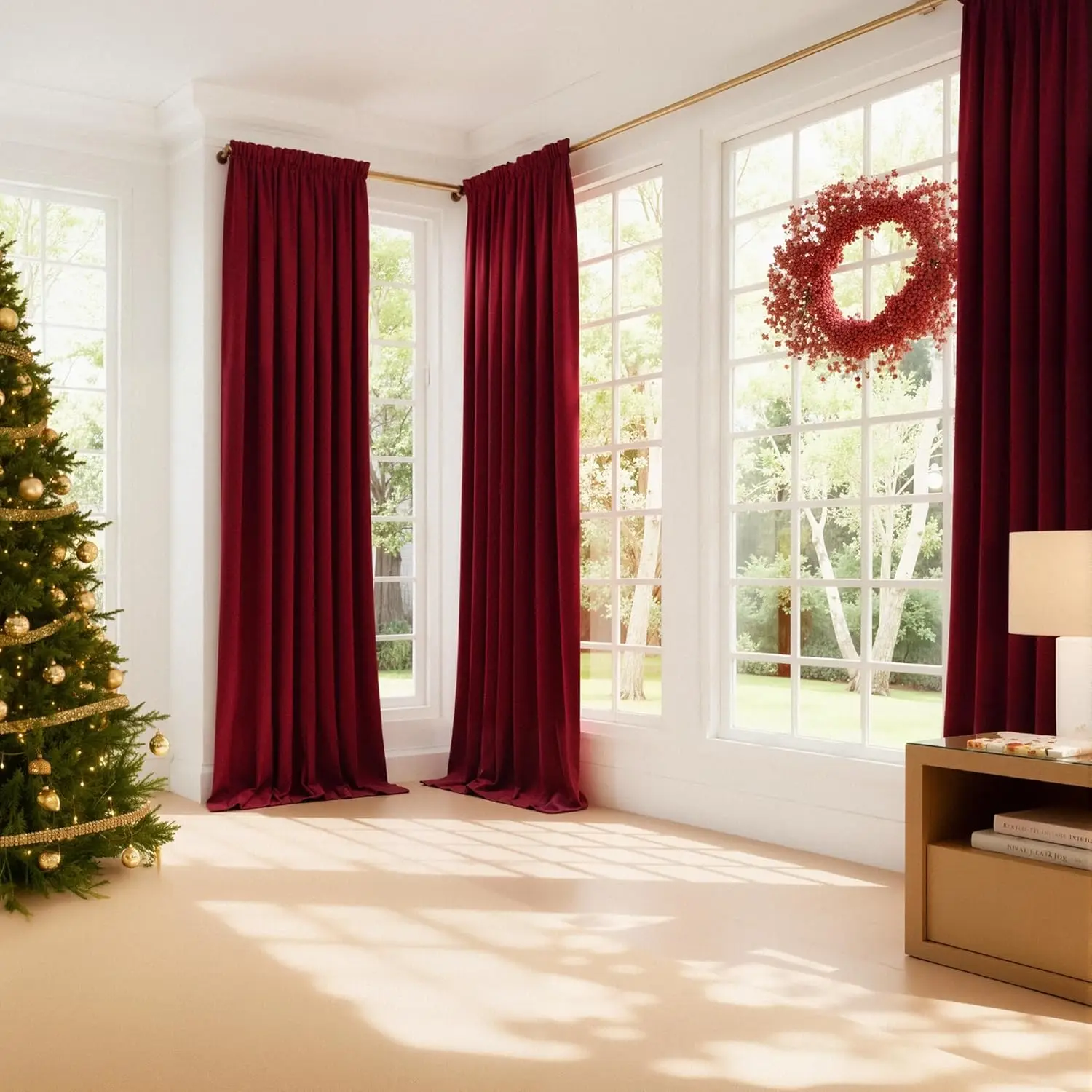 1pc Long Red Blackout Christmas Velvet Curtains 120 Inches Long, Super Soft Light & Heat Blocking Sliding Glass Door Roman