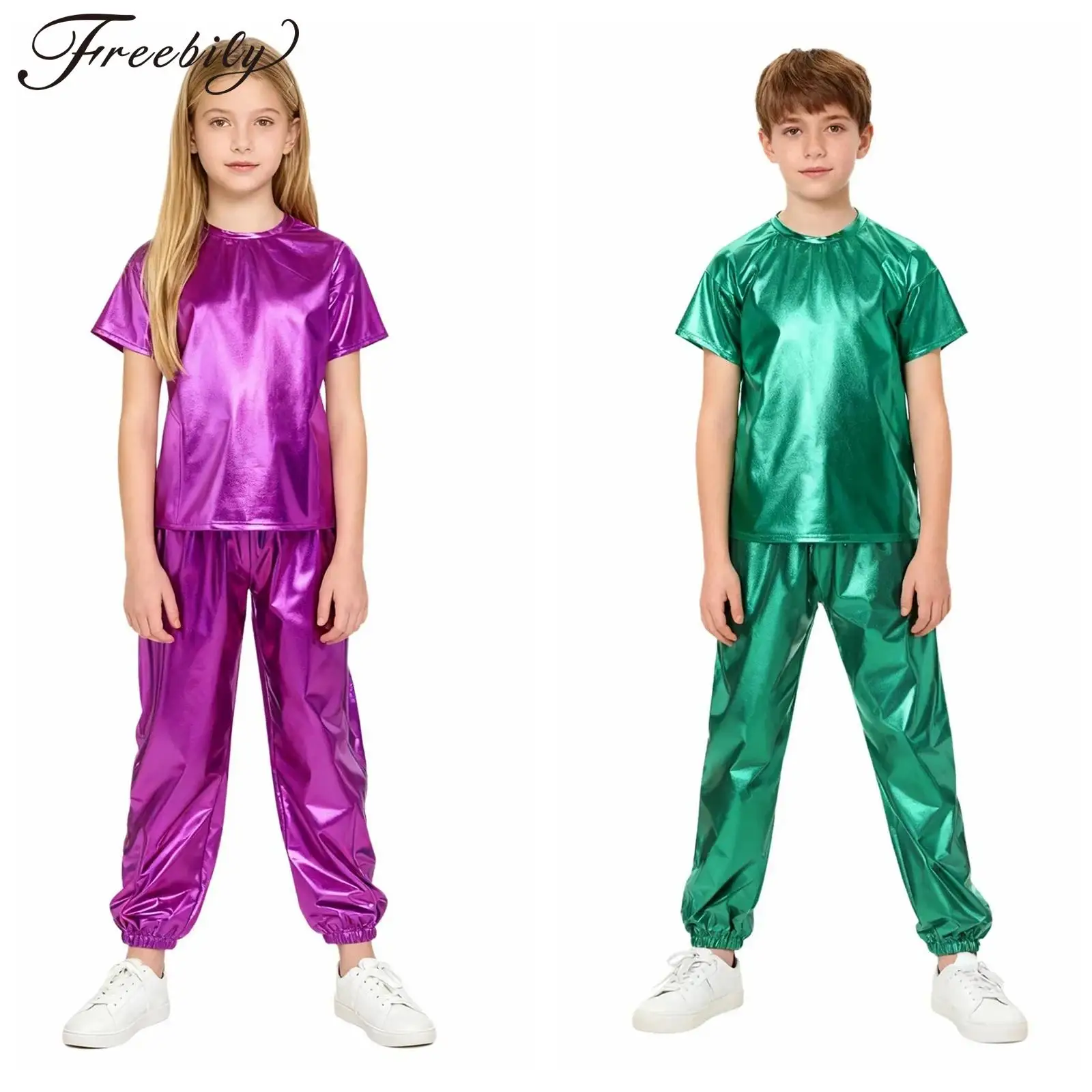 Vêtements de danse moderne Jazz pour enfants, Costume Hip Hop pour spectacle de fête de danse métallique pour filles et garçons, tenue Disco des années 60 et 70, T-shirt + pantalon