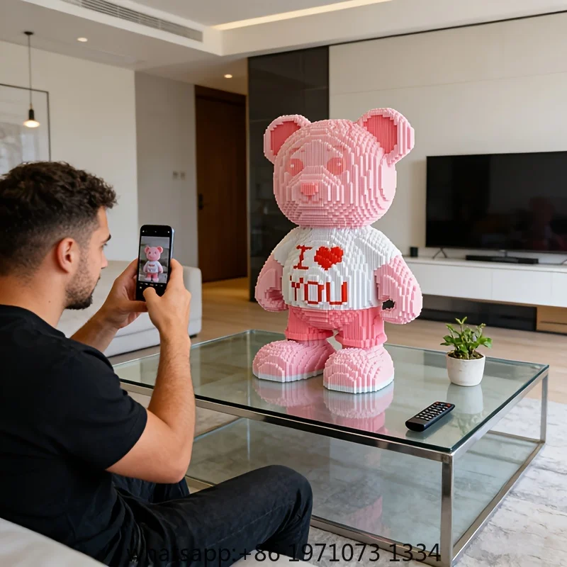 Oso Rosa con Corazón, Rompecabezas 3D, Micro Bloques de Construcción, Adorno Decorativo para Habitación, Hogar, Fiesta, Estatua, Manualidades, Animal, Oso