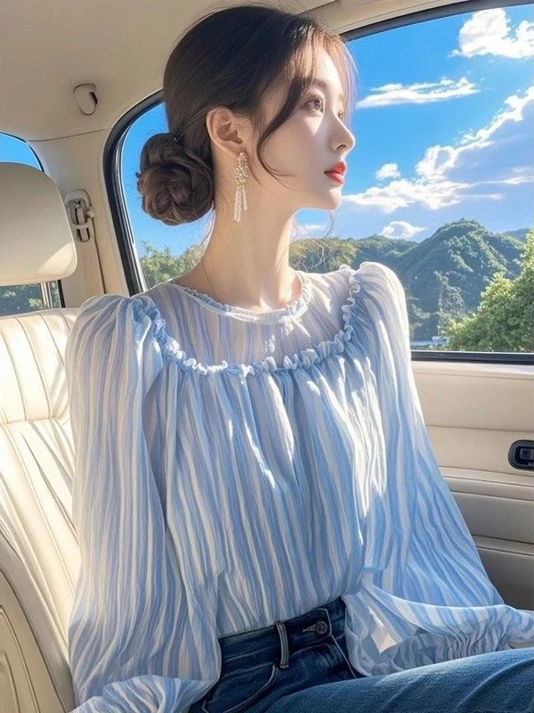 

Elegant Blue Floral Print Chiffon Shirt Women's Spring 2025 Waist-Cinching Blouse Comfortable Loose Fit Long Sleeve round Neck