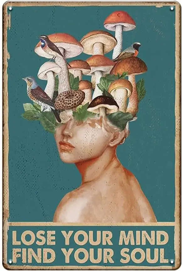 YOYI ART Mushroom Wall Decor Art Sign - Lose Your Mind Find Your Soul, Vintage Metal Tin Sign for Bathroom, Garden Nursery, Kitc