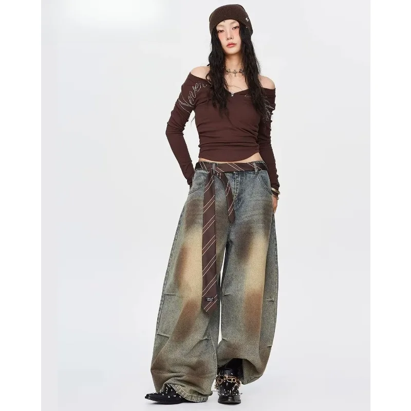 2026 Autumn New American Wasteland Vintage Denim Pants Women Y2k Streetwear Fashion High Street Hip-hop Loose Wide Leg Pants