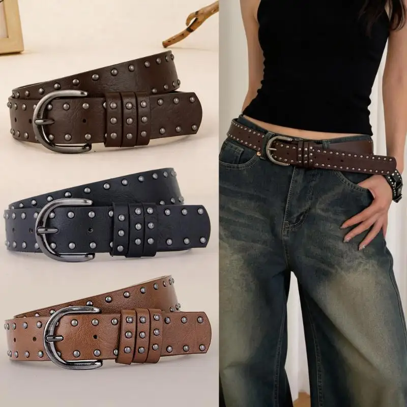 Hip Hop Punk Rivet Belt for Women PU Leather Retro Adjustable Waistband for Y2K Street Style Wear