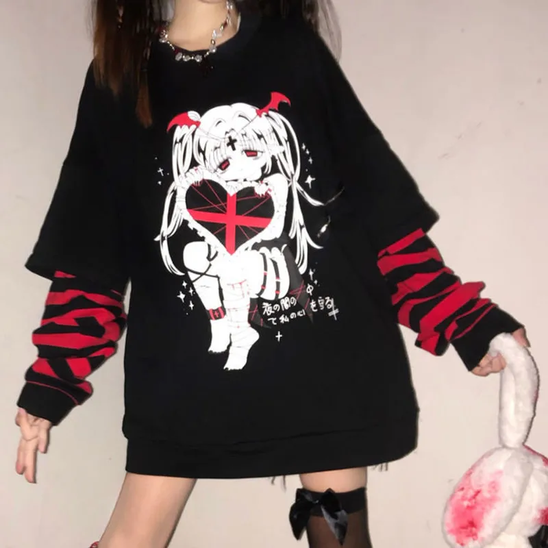 Spring Dark Academia Clothes Emo Anime Sweatshirt Women Striped Gothic T-shirt Long Sleeve Black Tops Y2K Grunge Harajuku Hoodie