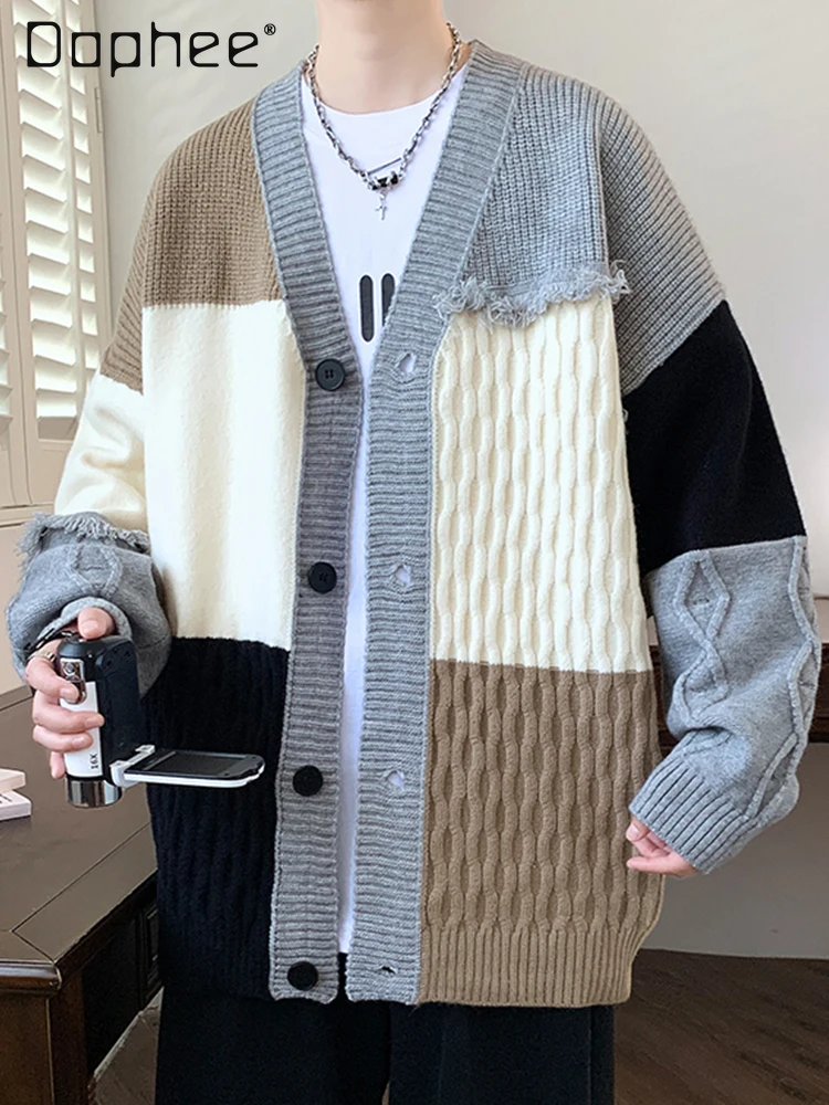 

2025 Spring and Autumn New Khaki Black Knitted Cardigan Jacket V-neck Patchwork Casual Loose Dark Gray White Navy Blue Cardigan