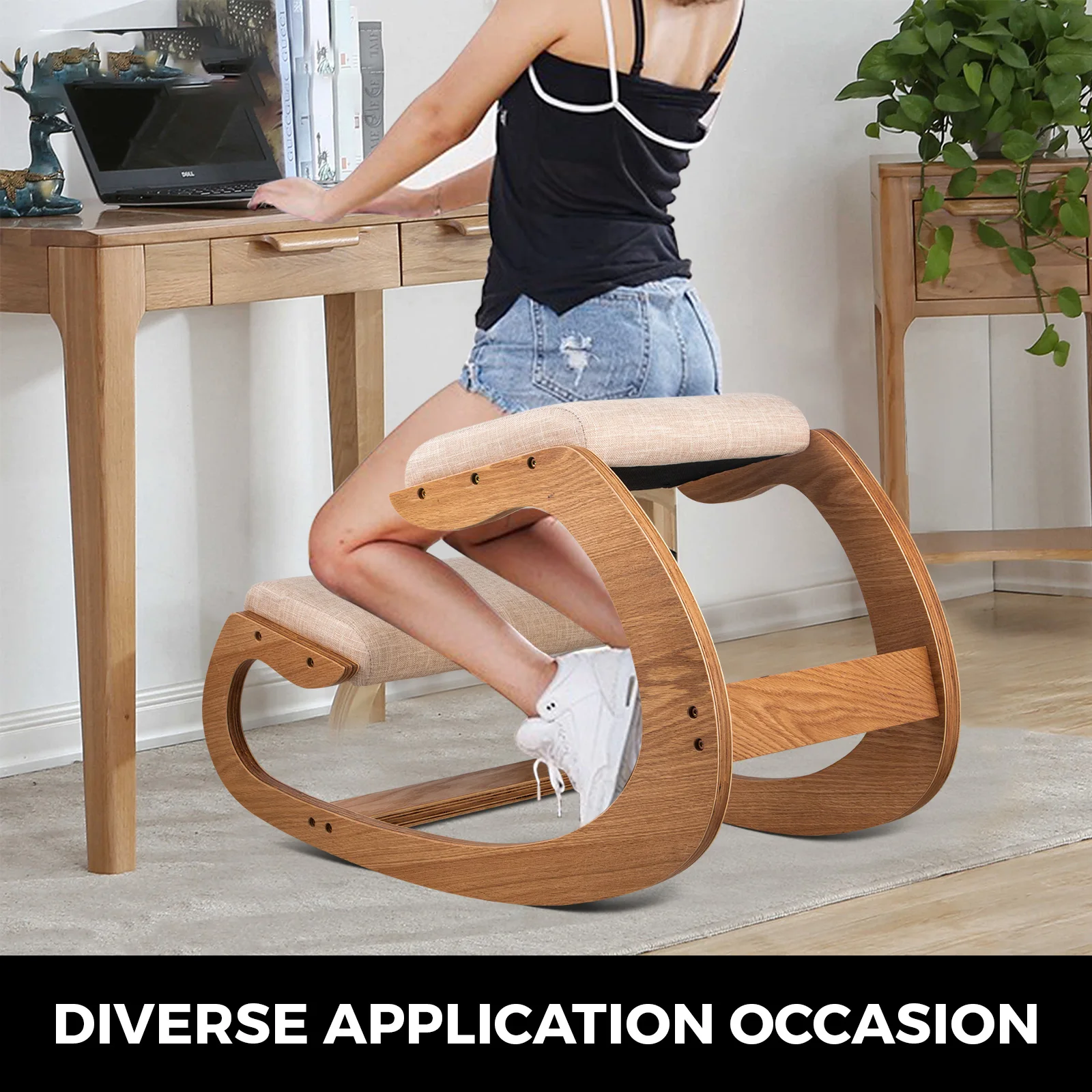 Ergonomic Rocking Wooden Kneeling Chair Correct Posture Computer Chair