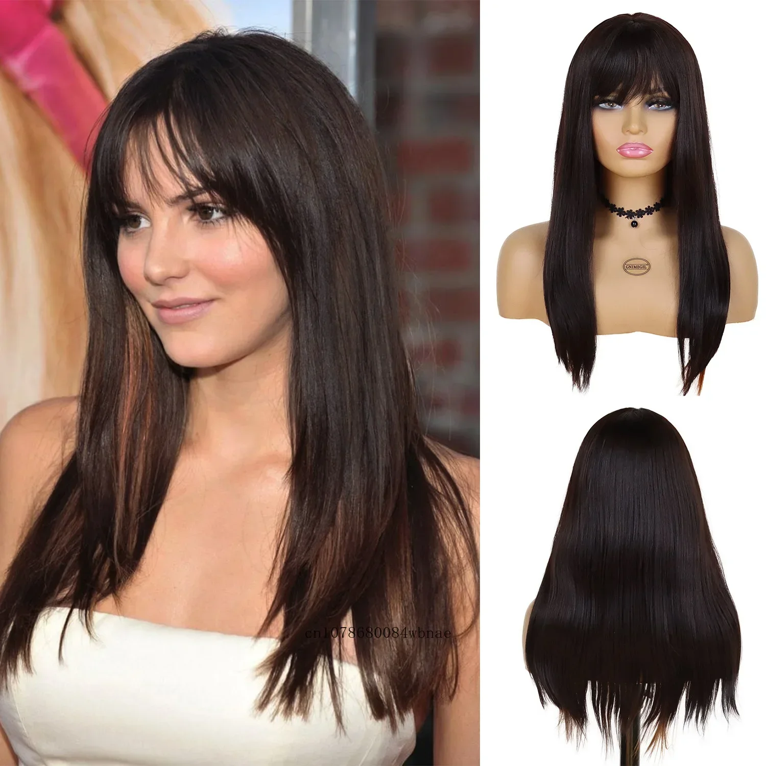 

Womens Natural Dark Brown Wig Synthetic Hair Long Straight Wigs with Bangs for Fashion Lady Daily Party Costume Soft Healthy Wig