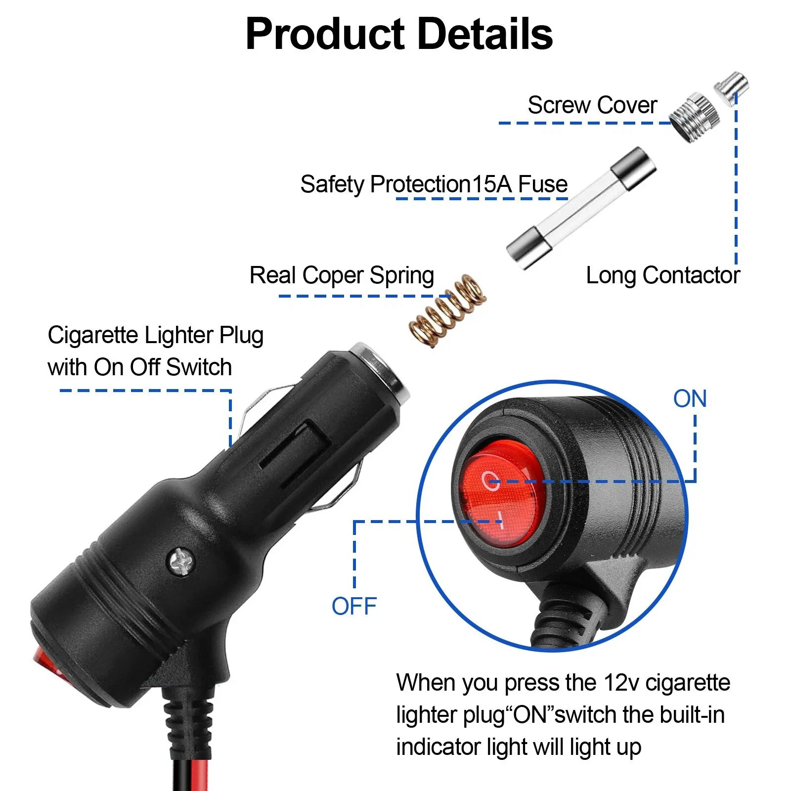 2 Pack Cigarette Lighter Plug with Switch LED Indicator, 12V/24V Fuse Car Male Adapter with 3.3FT Wire for Car Truck Marine Boat