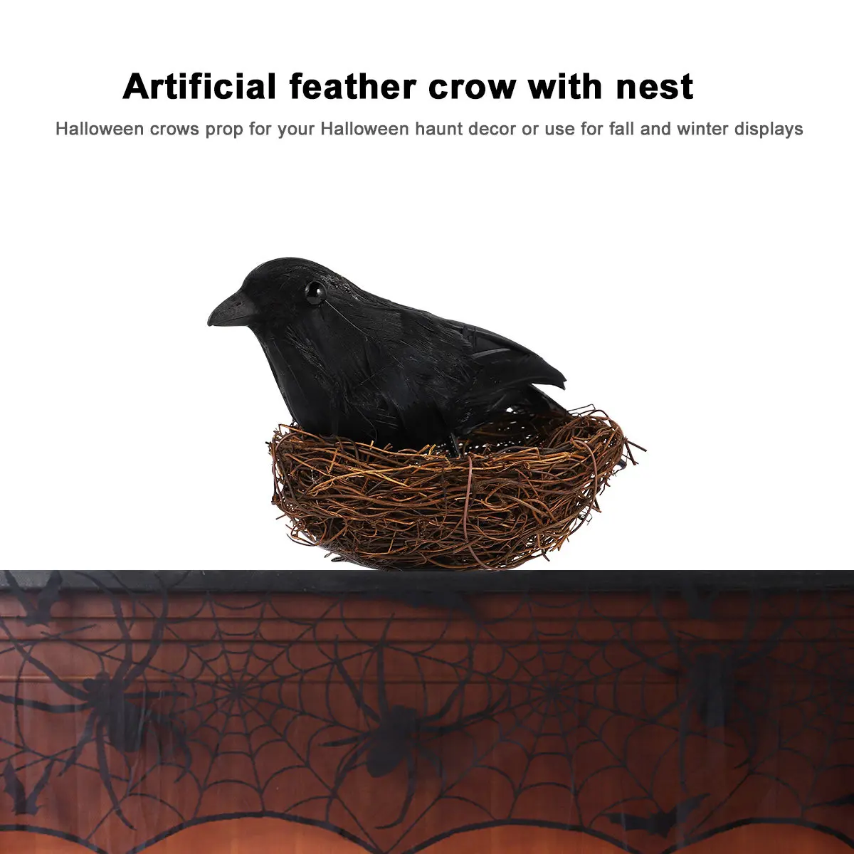 2Pcs Realistic Artificial Crow with Nest Black Feathered Halloween Decoration for Indoor Window Sill Table Lawn Garden Fall