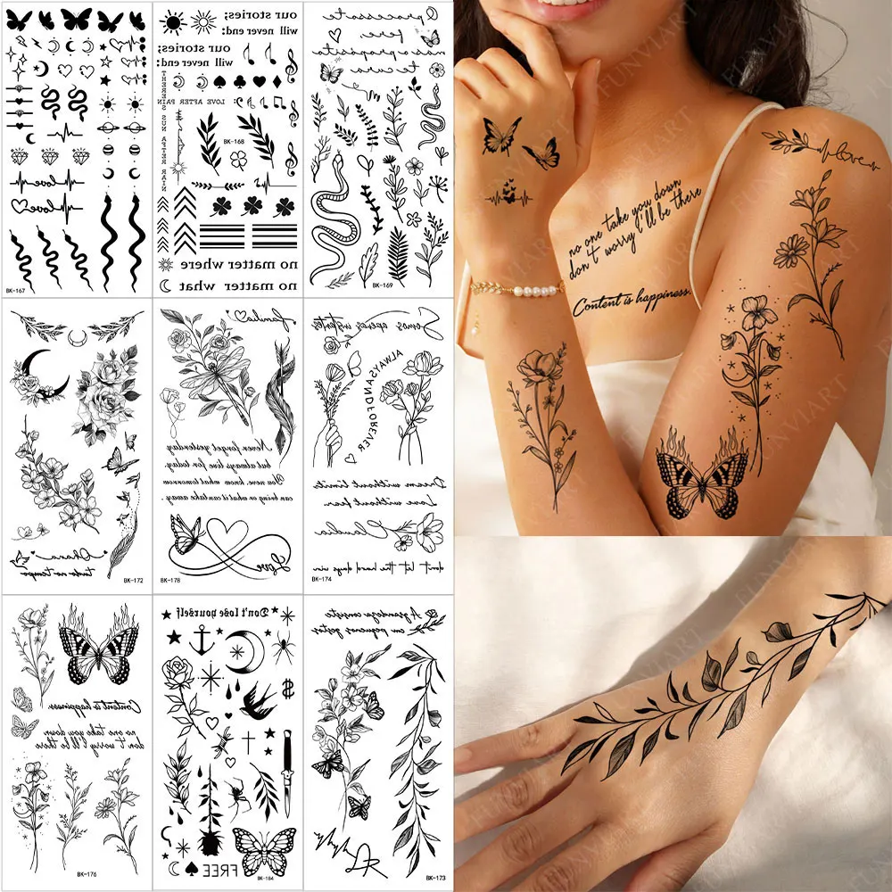 Small Tattoo Stickers for Finger Flower Snake Moon Leaf Design Temporary Tattoos for Hand Body Decor Fake Tattoo for Women