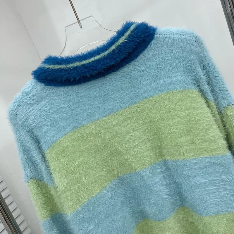 House of Errors Vintage Street Furry Striped Polo Jumper Men Oversized Badge Embroidery Knit Sweater Stock