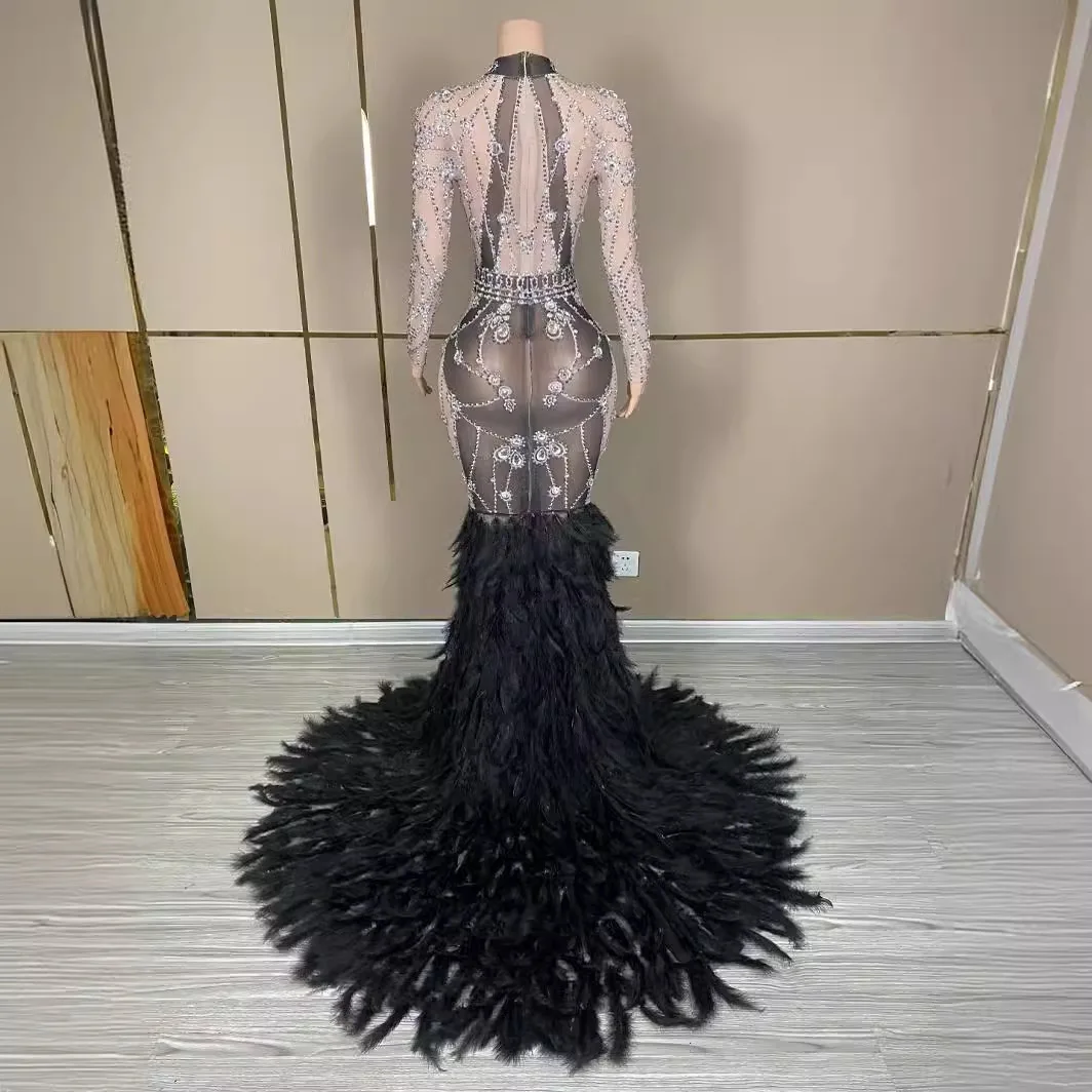 أداء زي مثير منظور حجر الراين بأكمام طويلة ريشة خياطة فستان حفلة طويلة المرحلة Abito الفاخرة Elegante Gala