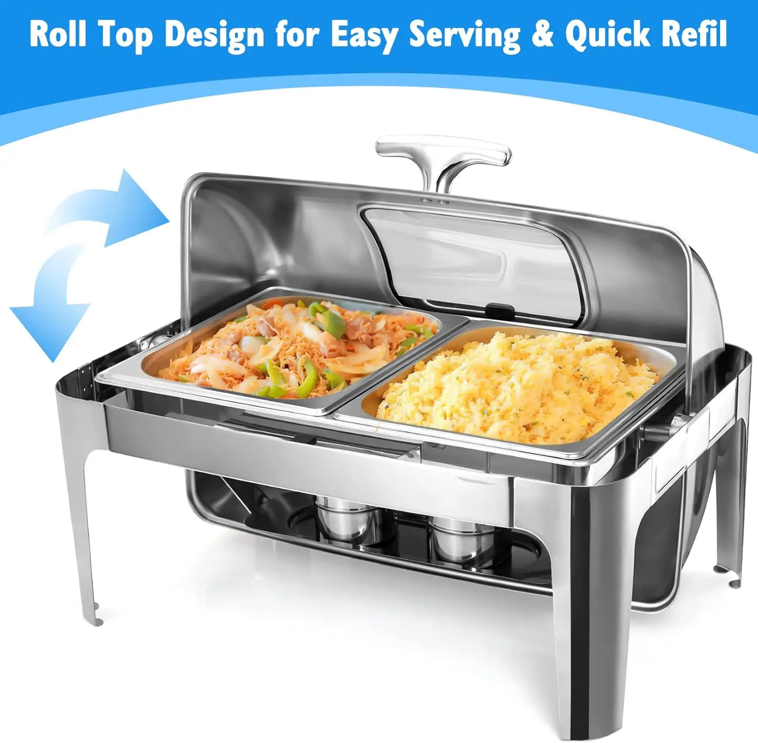 9 QT Roll Top Chafing Dish Buffet Set, Professional Food Warmer Buffet Set for Party, 1/2 Size Pan, Stainless Steel