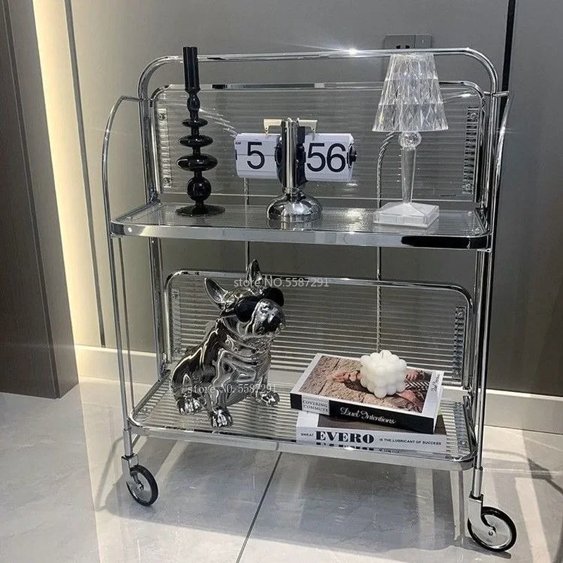 Transparent Glass Dining Car Trolley Home Kitchen Bar Wheel Table Foldable Side Table Living Room Bedroom Mobile Shelf Furniture