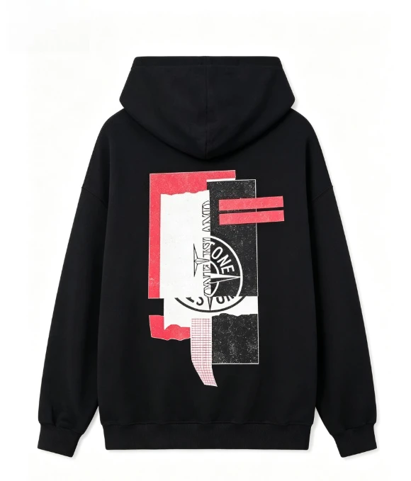 2026 new Paper-cut collage style with overlapping fragments, compass-shaped emblem pattern, unisex pullover hoodie