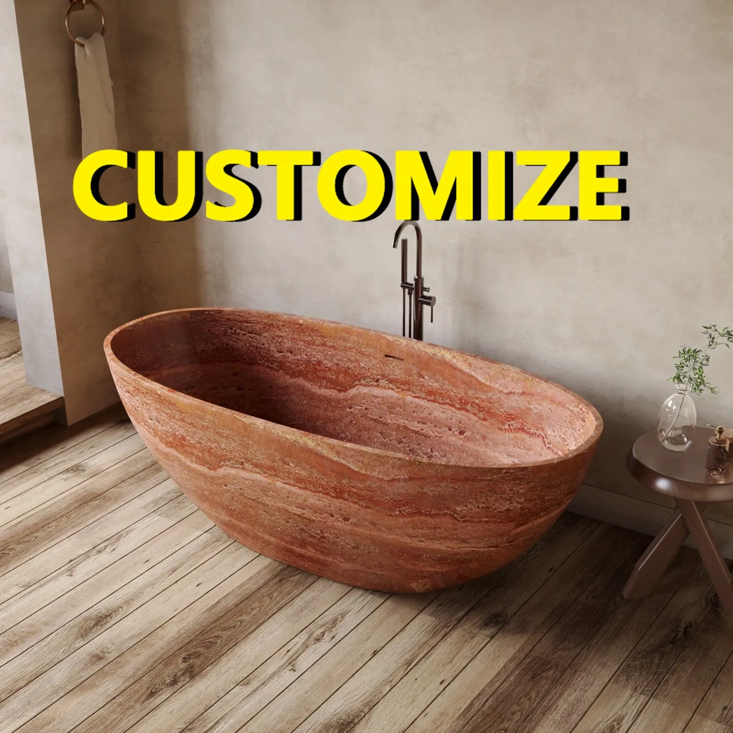 Any Size Custom Red Travertine Bathtub Thin Rim Oval Soaking Tub Heat Retaining Durable Easy Clean Freestanding Hotel Villa Bath