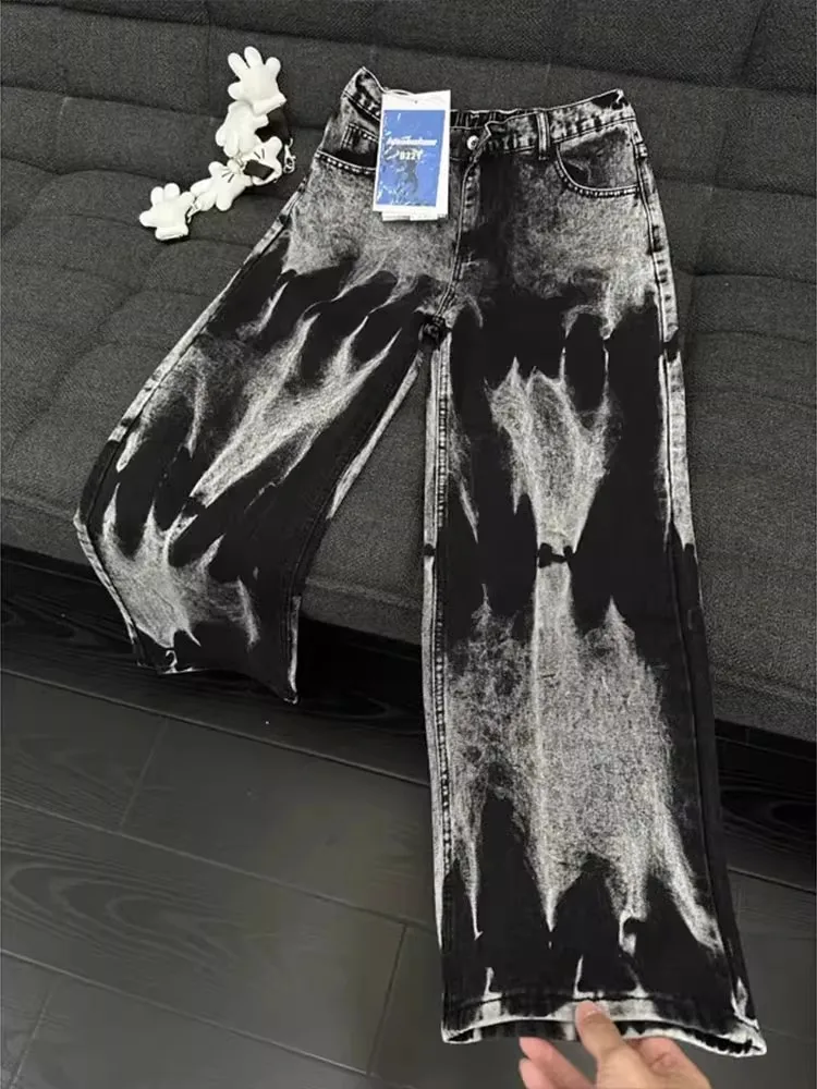 

Мужские джинсы с принтом тай-дай, эластичные прямые брюки с микро-расклешенными брюками High Street Vibe, повседневная смесь хлопка и полиэстера