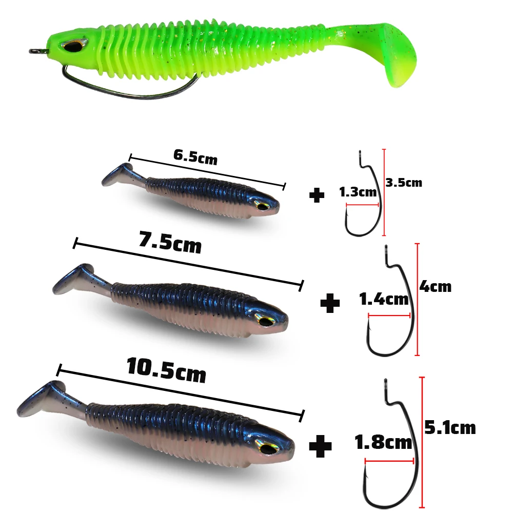 10PCS Big Soft Lures 6.5cm 7.5cm 10.5cm T Tail Worm with 3PCS Offset Hook Crank Carp Fishing Pesca Swimbait Gear Silicon Bait