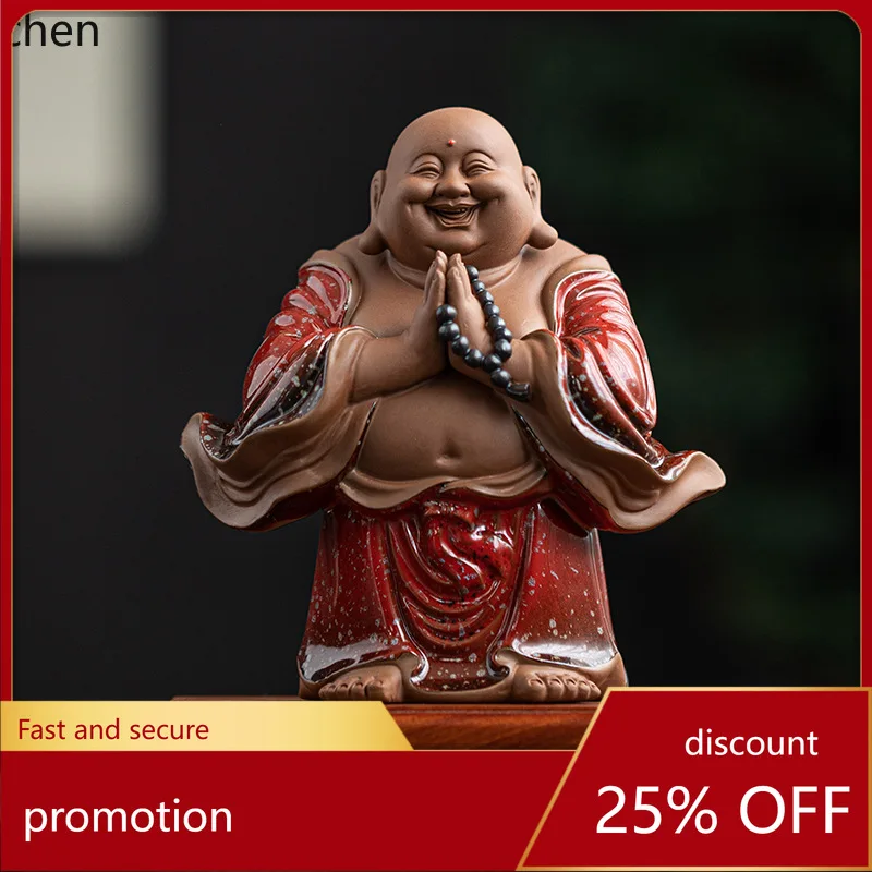 Cz1 chinese laughing buddha ceramic figurine - wealth & prosperity ornament for living room, entryway, or office decoration