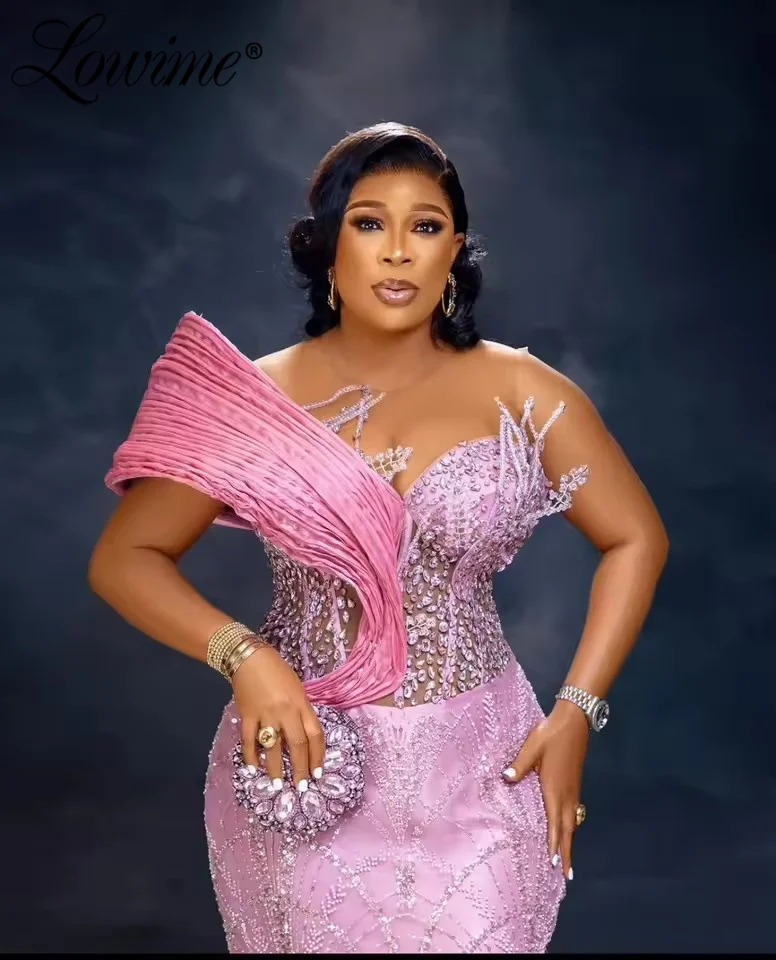 تخصيص Aso Ebi الوردي غمد فساتين لحضور الحفلات الموسيقية مطرز بلورات مساء حفلة رسمية فساتين عيد ميلاد ثانية رداء كتف واحد #3