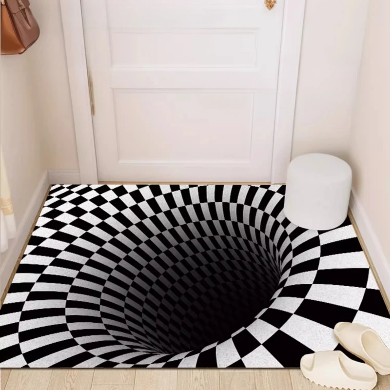 

3D Stereo Illusion Effect Entrance Carpet Black White Abstract Plaid Door Mat Minimalist Creative Rug Easy To Care for Foot Mats