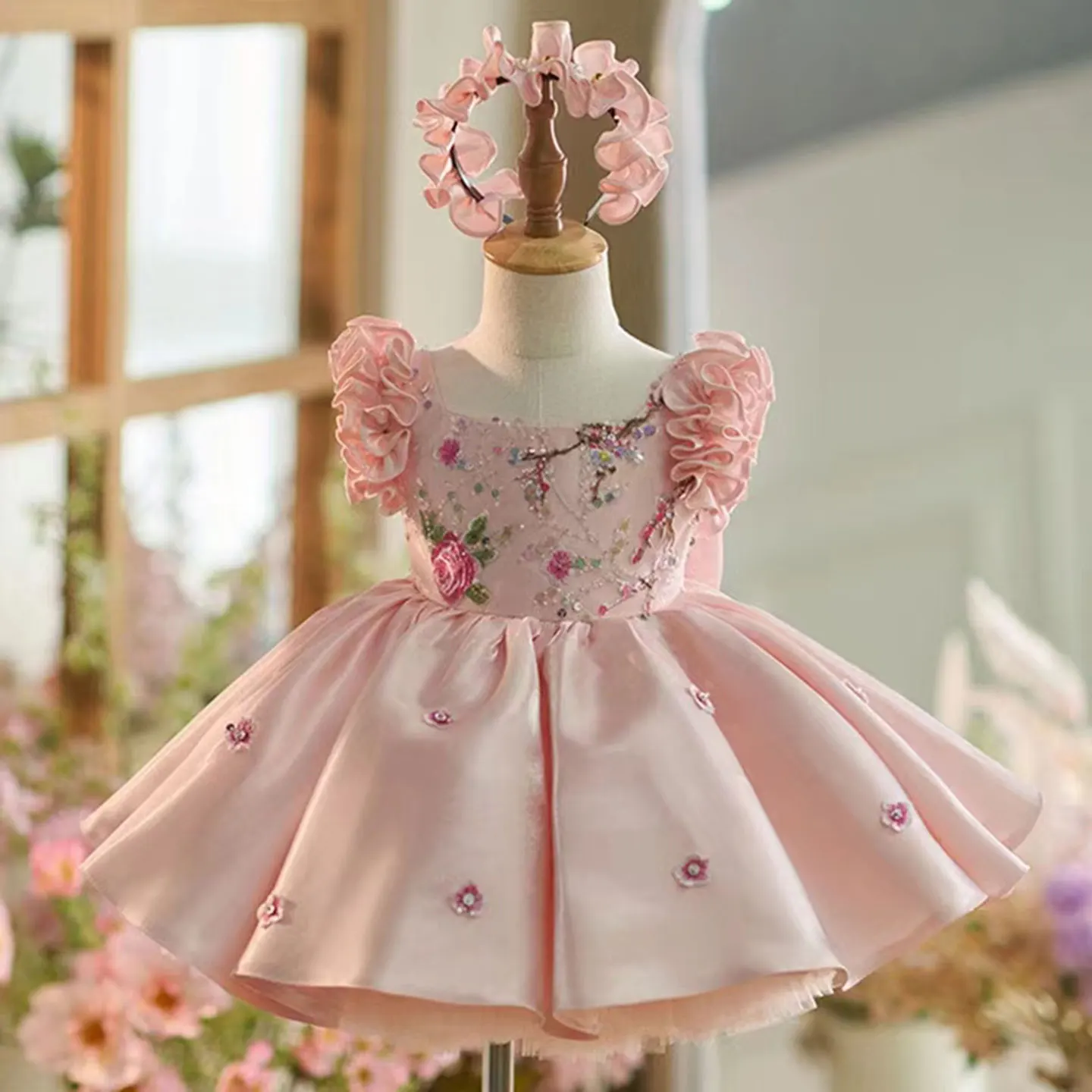 

Jill Wish Elegant Dubai Pink Girl Dress 3D Flowers with Hairband for Kids Wedding Birthday Communion Party Pageant 2025 J026