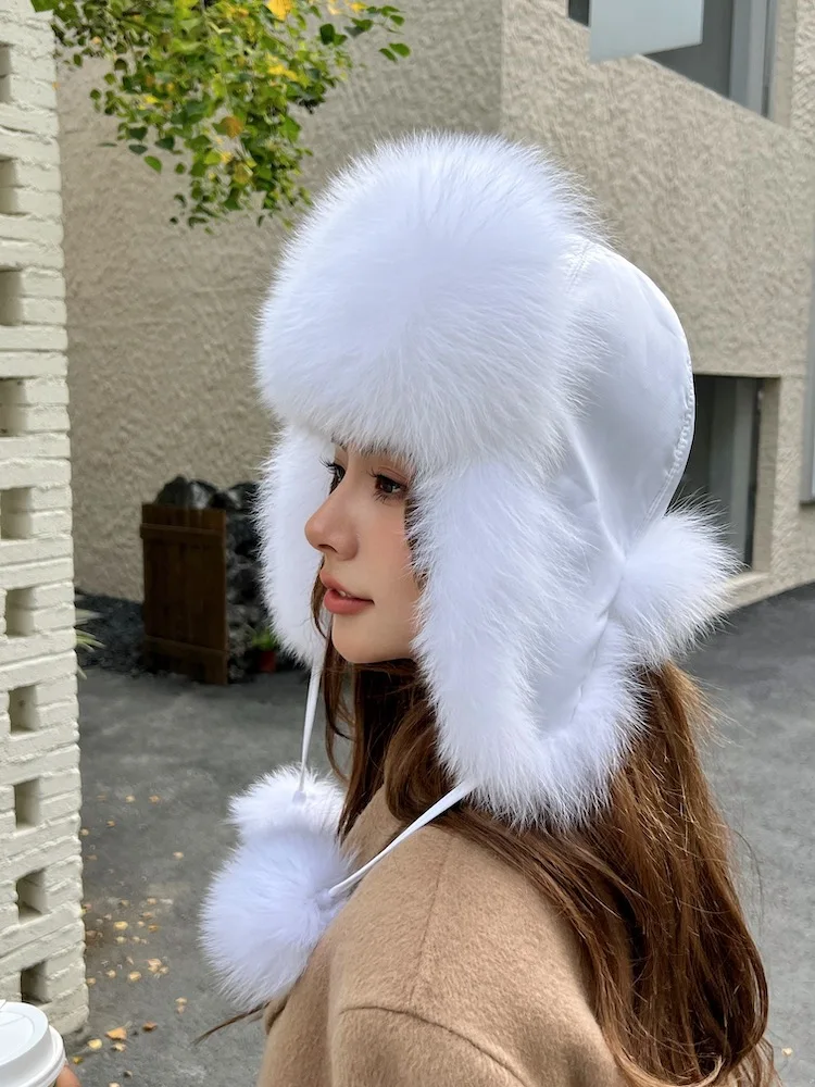 

New 100% Real Fox Fur Hats Women's Russian Ushanka Aviator Trapper Snow Skiing Hat Caps Earflap Winter Raccoon Fur Bomber Hat