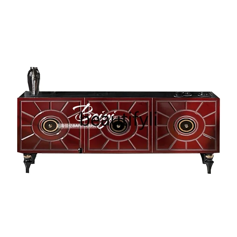 

French retro solid wood TV cabinet floor-to-ceiling living room, American light luxury high-end storage locker