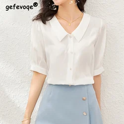 Commute Solid Color All-match Blouse Summer Korean Straight Fashion Short Sleeve Female Clothing Polo-Neck Single-breasted Shirt