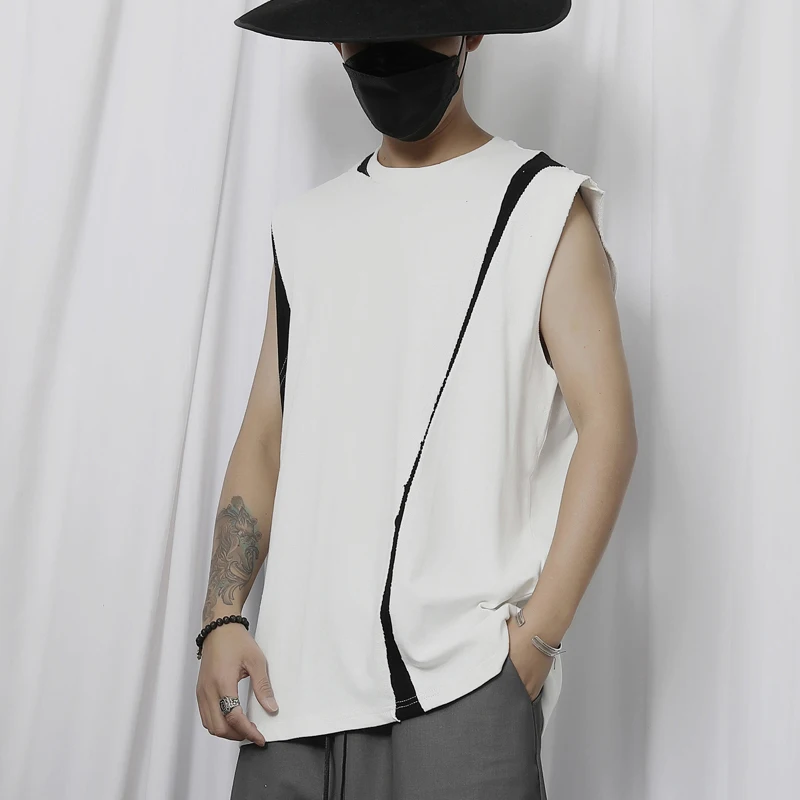 Summer Thin Sleeveless Loose T-Shirt Trendy Male Personality Dark Minority Design Contrast Color Raw Edge Stitched Vest T-Shirt