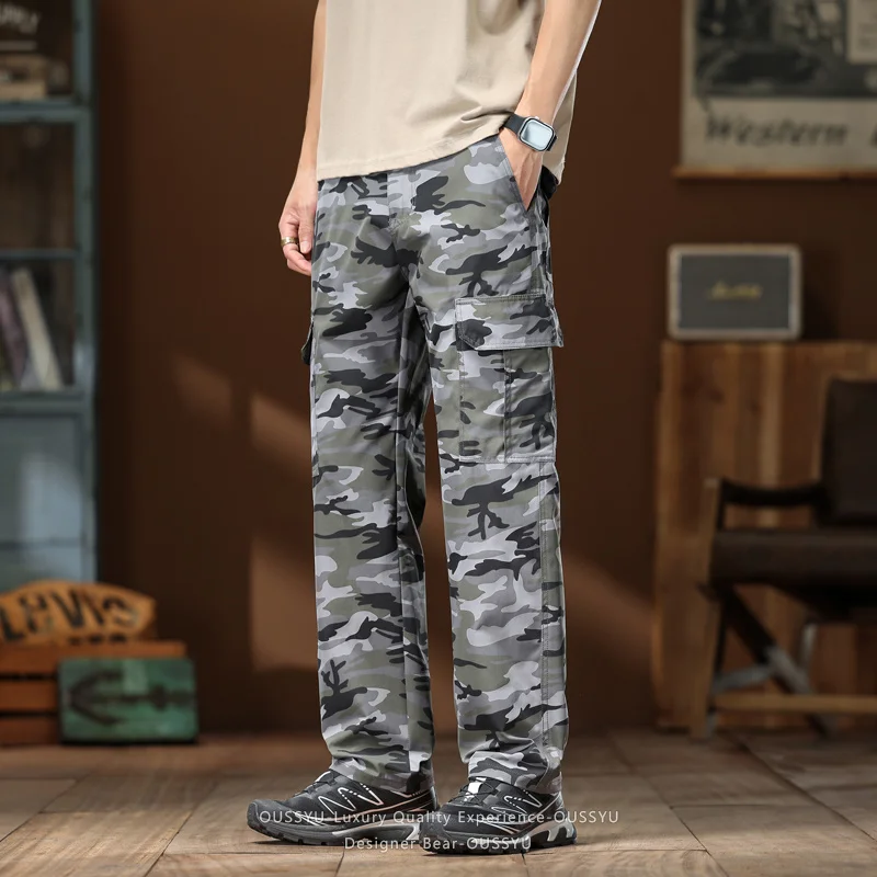 Spring Summer Men's Camo Cargo Pants Elastic Waist Baggy Straight Trousers Outdoor Tactical Work Desert Camouflage Pants Man view 3