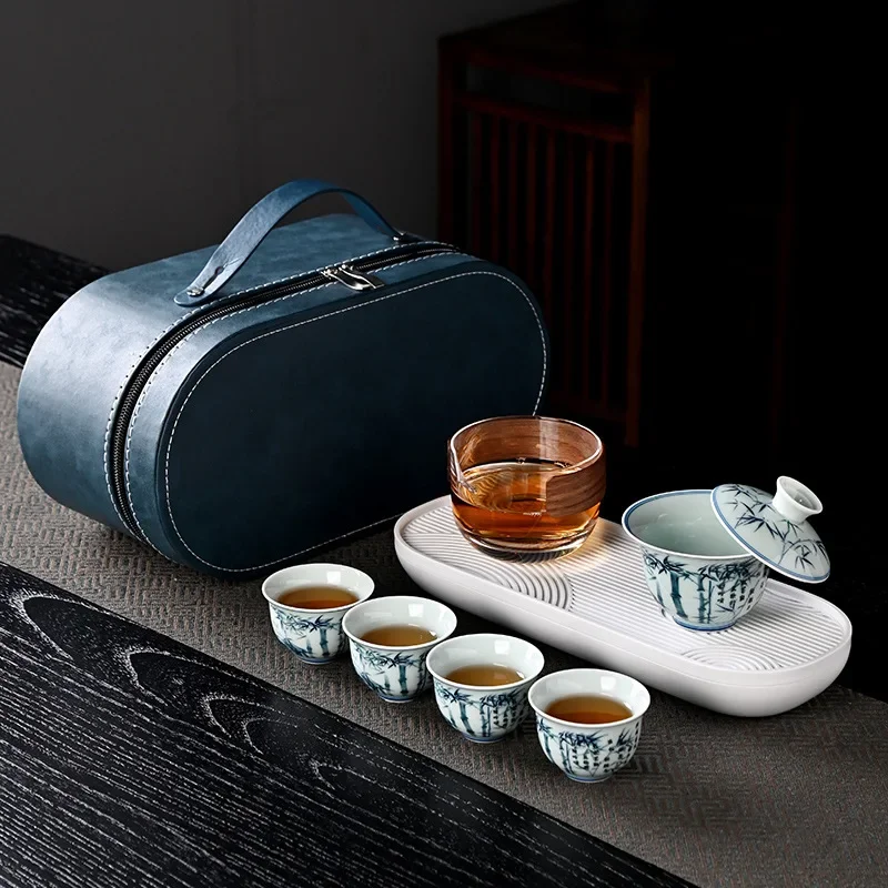 Blue and White Glass Quick Cup One Pot Four Cups Portable Teapot Outdoor Camping Travel Tea Set Colorful Tea Ceremony Full Tools