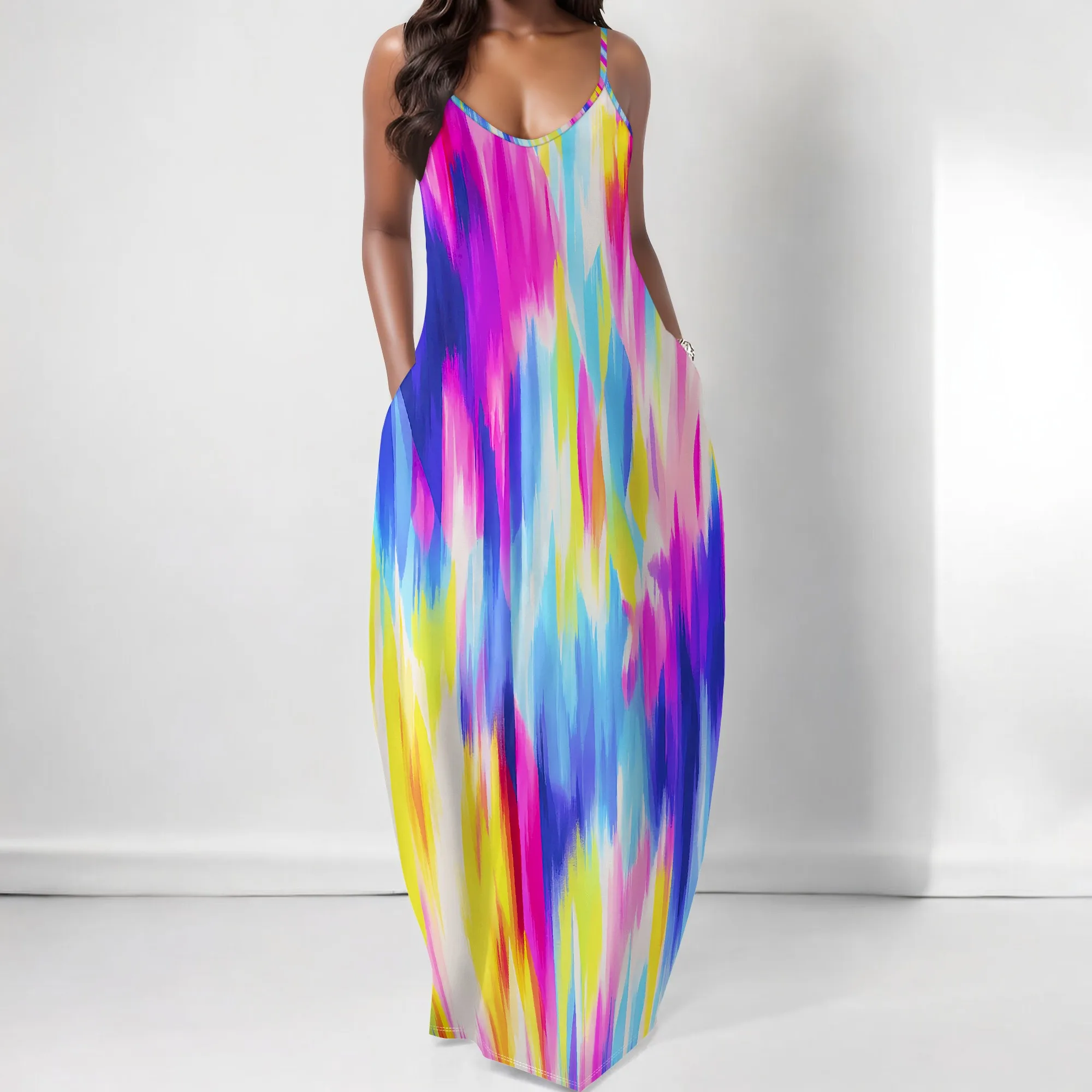 

Women's Summer Maxi Dress Tie Dye Abstract Print Sundress S-3XL Sleeveless V-Neck Casual Loose Pocket Beach Vacation Dress