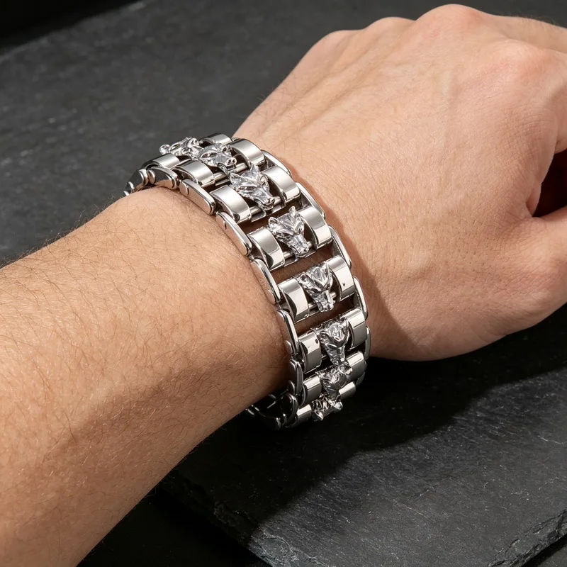 Waterproof Wide Wolf Head Charm Chain Link Men Bracelet Punk Stainless Steel Motorcycle Bracelets Male Locomotive Jewelry
