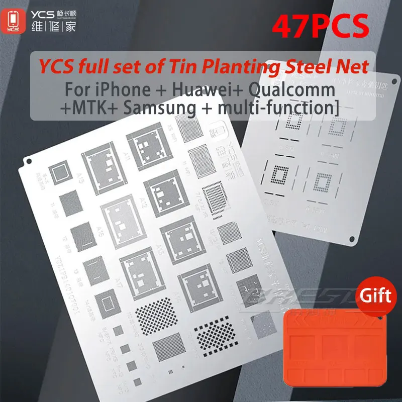 YCS Stahl-Netzschablonen-Set (47-teilig) für iPhone und Android Serien – Universelle CPU-Reparaturwerkzeuge mit 0,12 mm BGA-Reballing-Schablonen