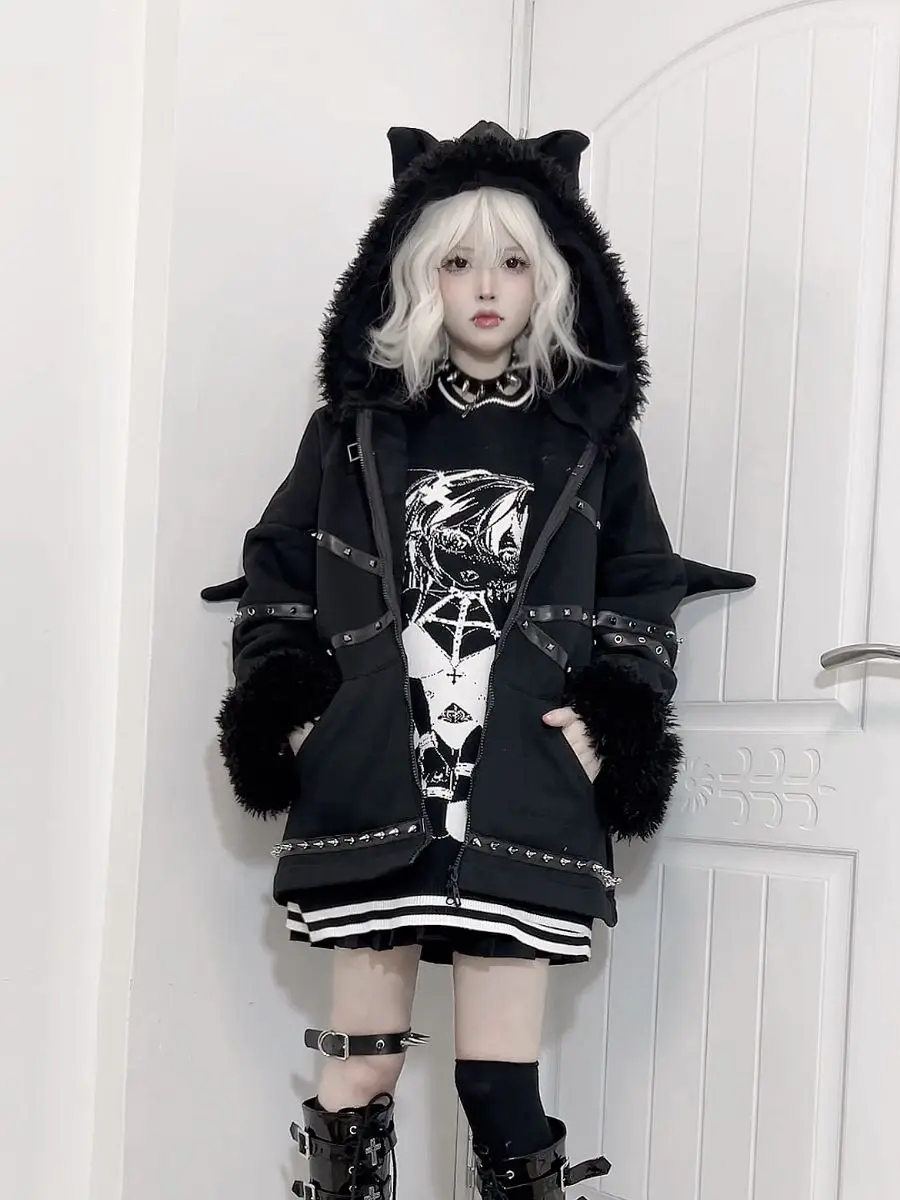 Y2k Vintage Sweatshirt Cardigan Jackets Women Rivet Patchwork Black Gothic Hoodies Coat Demon Wings Punk Aesthetic Grunge Jacket