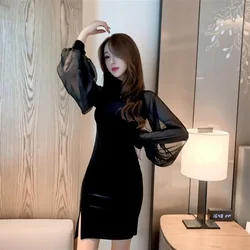Party Female Mesh Dress Evening Black Split Prom Women's Long Sleeve Dresses Splicing Fashion Summer 2025 Autumn and Winter Thic