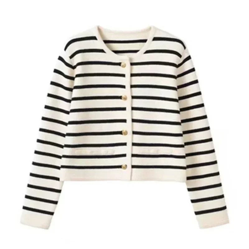 

Women Spring Autumn Sweaters O-neck Stripe Knitted Cardigan Fashion Long Sleeve Casual Short Tops Korean Style New