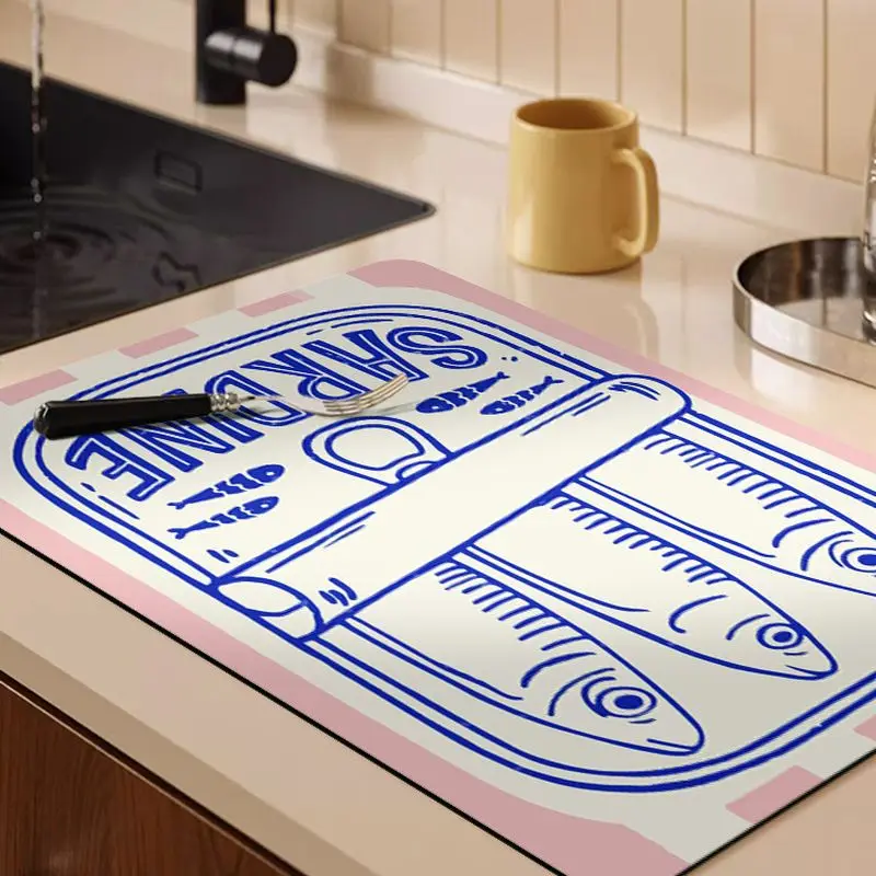 VIKAMA Blue Sardine Fish Can Print Kitchen Counter Mat Absorbent Dish Drying Mat Non Slip Quick Drain Coffee Bar Sink Decor Rug