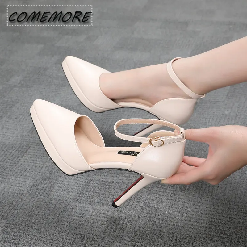 2024 Summer Ankle Straps Womens Shoes Sandals 10 Cm Sexy Pointed Toe Platform Pumps Leather Classic Ladies High Heels Size 34-39