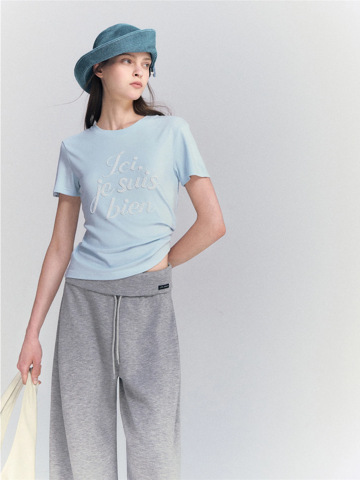 AsGony Heavyweight Beaded Letter Short Sleeve T-Shirt Shoulder Width round Neck Slim Fit Casual Style for Women Summer Breath...