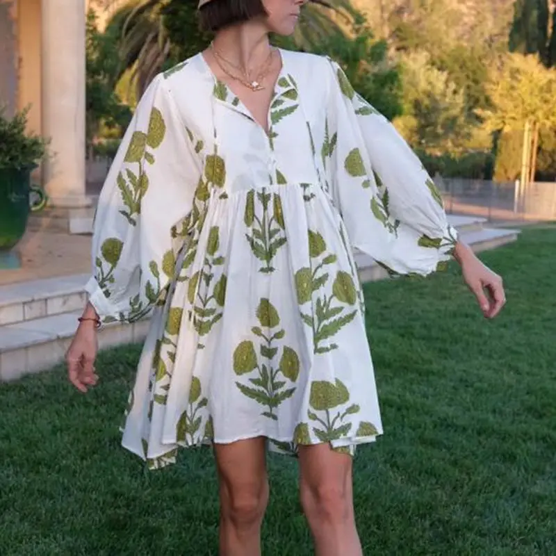 Combhasaki Damen Y2K Boho Loungewear Modische Loose Fit Ästhetischer Blumendruck Puff Langarm Kurzes Minikleid Streetwear