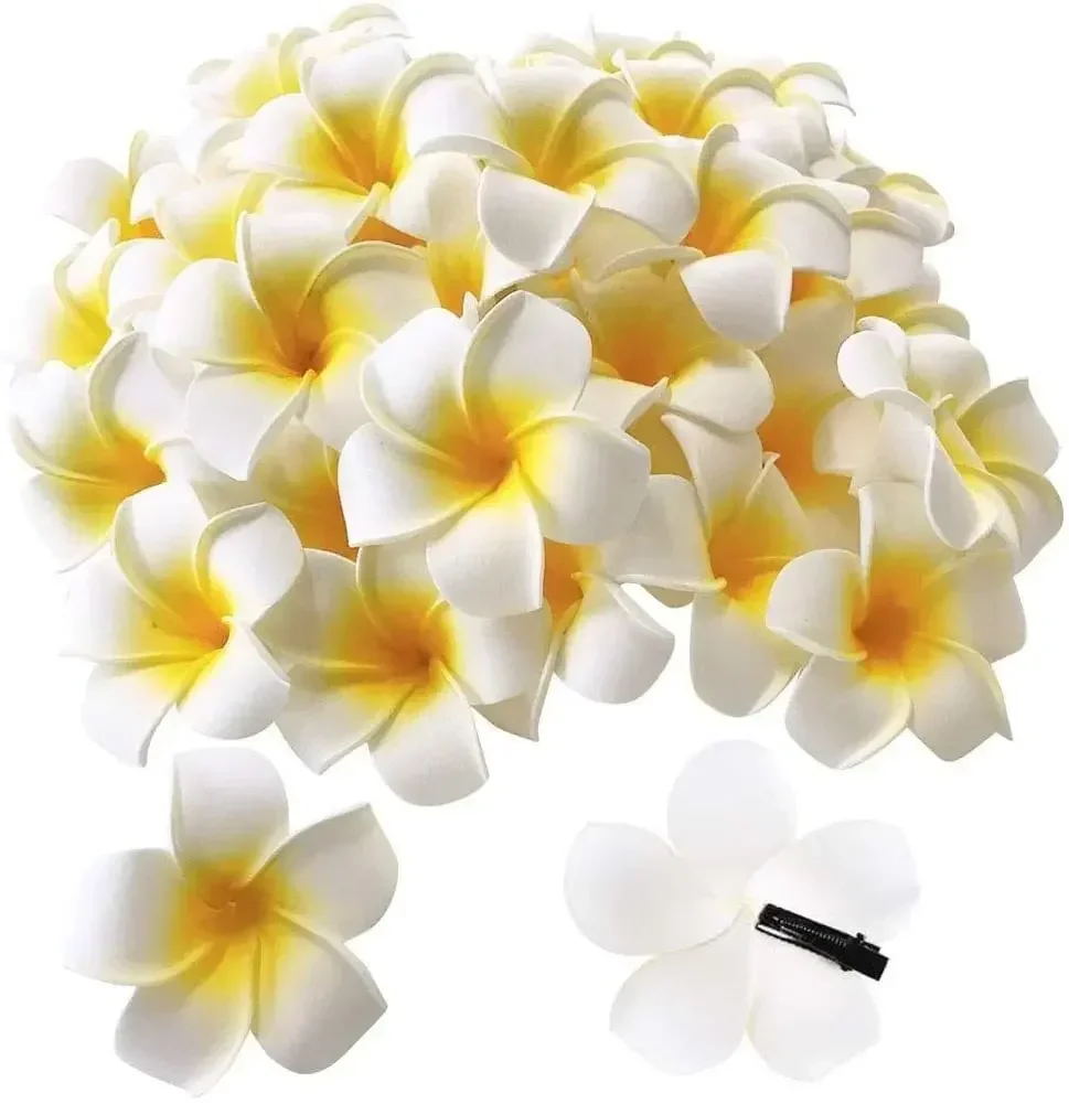 

50Pcs 2.4 White Foam Hawaiian Frangipani Artificial Plumeria Flower Hat Hair Clips for Home Party Beach Vacation Decoration Leis