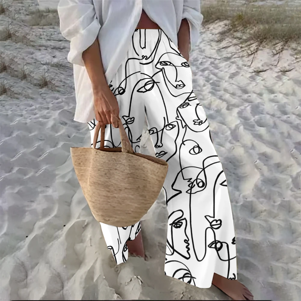 

White Casual Women's Pants Abstract Lines Hand-Painted Printed Wide-Leg Pants Holiday Trend Traf Outfit Beach Pants